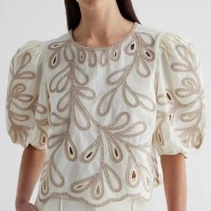 Express Eyelet Crew Neck Puff Sleeve Top NWT szL